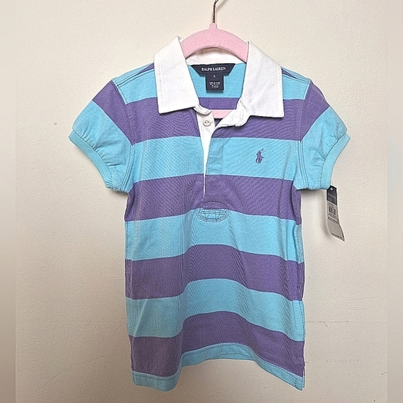 Ralph Lauren Girls' Blue & Purple Stripe Puff Sleeve Rugby Polo Shirt Small New - Picture 1 of 9